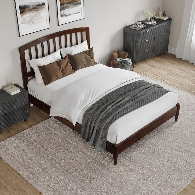 Solid Wood Low Profile Platform Bed - Traditional Design, Walnut Finish - Full Size Bed Frame