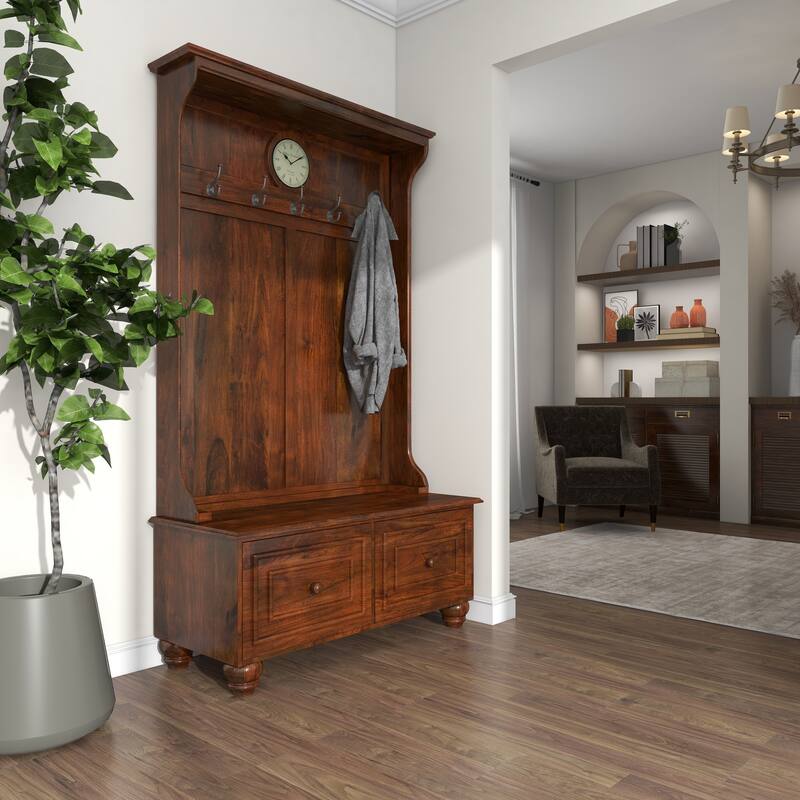 Brown Wood Large Tall Bench Storage 5 Hook and 2 Drawer Freestanding Coat Rack with Cream Clock