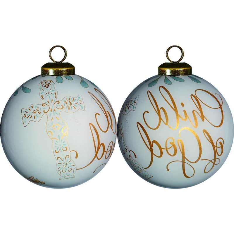 White and Gold Child of God Hand Painted Mouth Blown Glass Ornament - 3" x 3" x 3"
