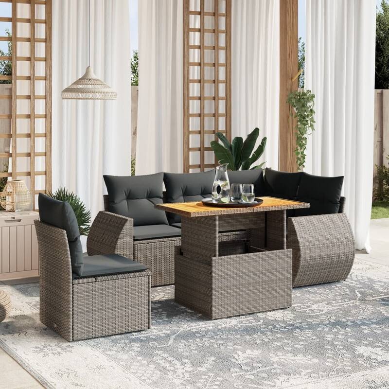 vidaXL Patio Sofa Set with Cushions Table and Modular Sofas 6 Piece Poly Rattan - 21.7 x 39.4 x 28.7 - Grey  - form3