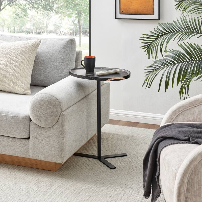 Carter Oval Teardrop Modern Raised Lip Edge Couch-Side Accent C-Table with Crossed Y-Shape Metal Pedestal Leg