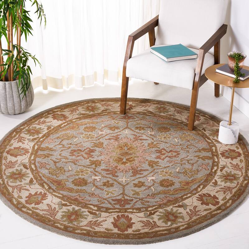 SAFAVIEH Handmade Heritage Mallorca Border Traditional Oriental Wool Rug - 6' Round - Light Blue/Ivory