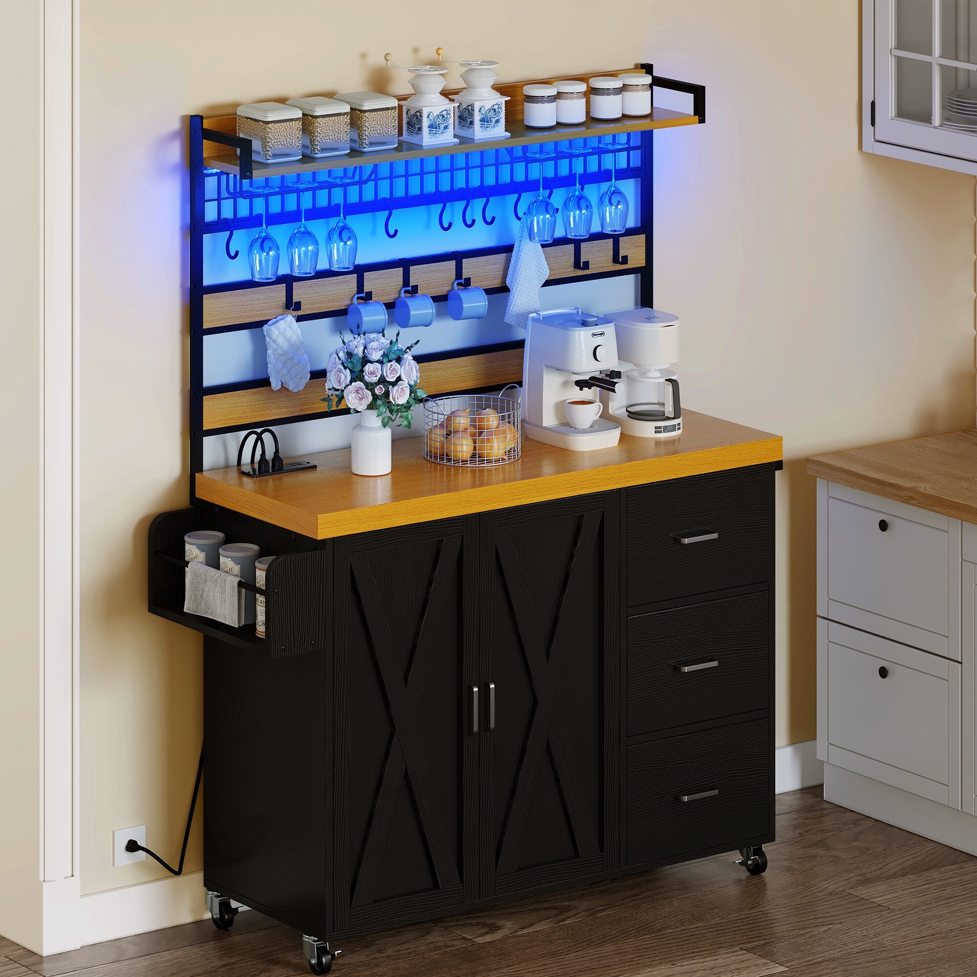 Ginger 59-inch Wide Kitchen Island with 3 Open Shelves and 2 Cabinets