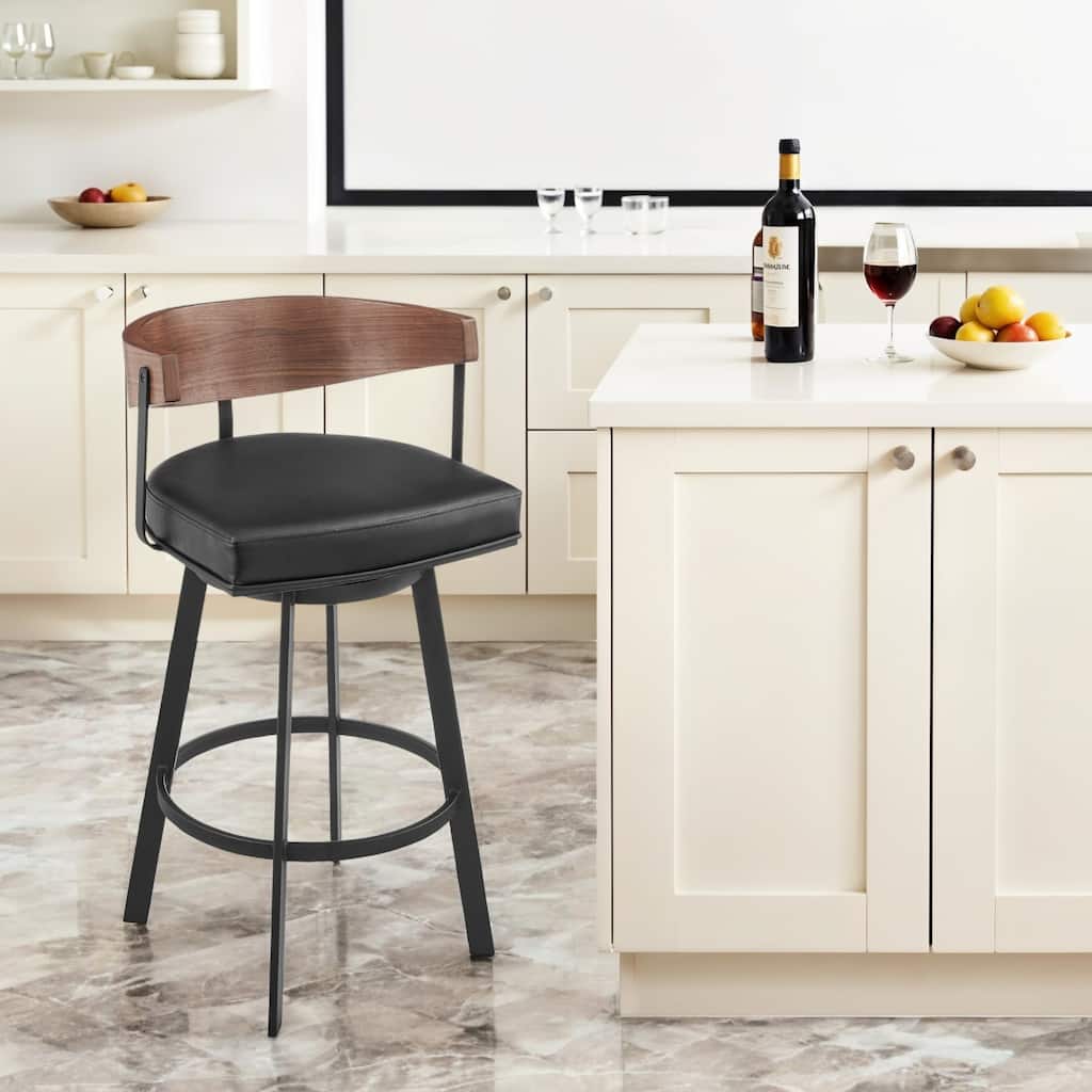 HomeRoots 30" Black and Brown Faux Leather and Iron Low Back Bar Height Swivel Bar Chair