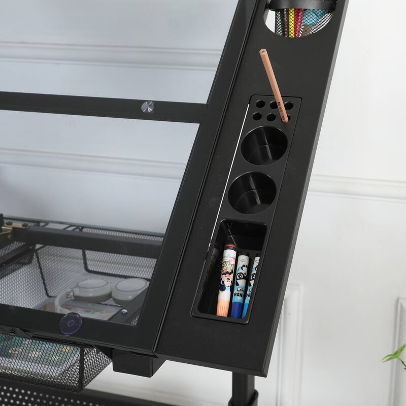 Hand Crank Adjustable Drafting Table Drawing Desk With 2 Metal Drawers (BLACK)WITH STOOL