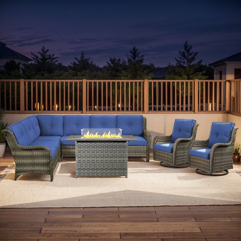 Outdoor 2 Sectional Sofa with Fire Pit Table Set - Sectional Sofa with Rectangular Fire Table - Grey Rattan - Blue Cushion