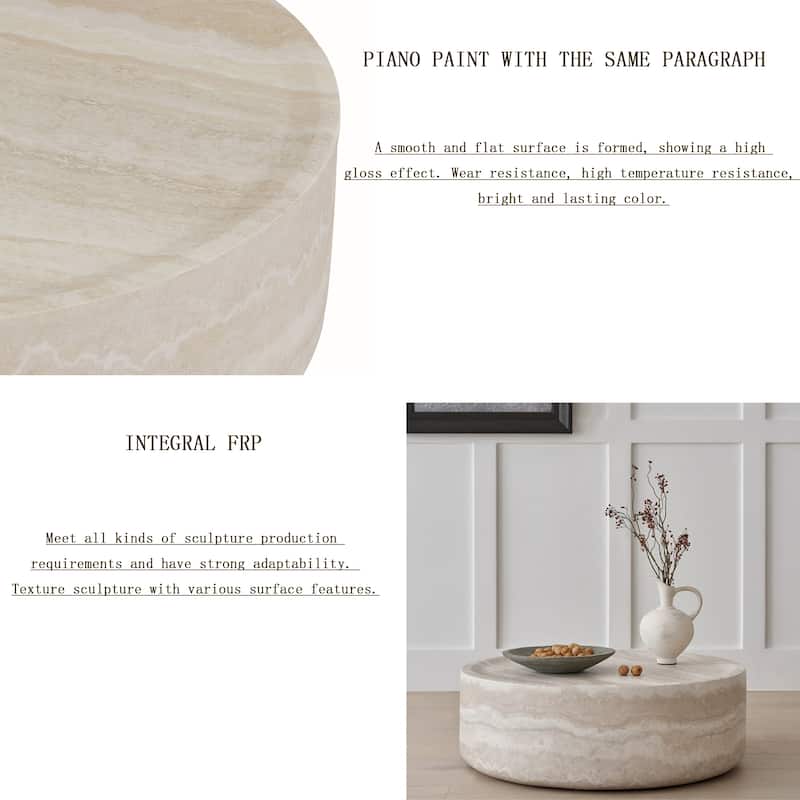 Modern Textured Faux Travertine Round Coffee Table No Need Assembly.