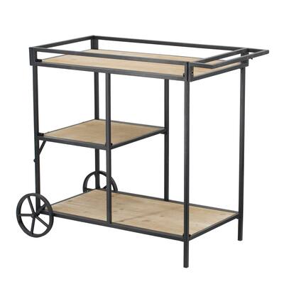 32 Inch Bar Cart, 3 Tiers, Fir Wood Shelves, Iron Frame, Black, Brown