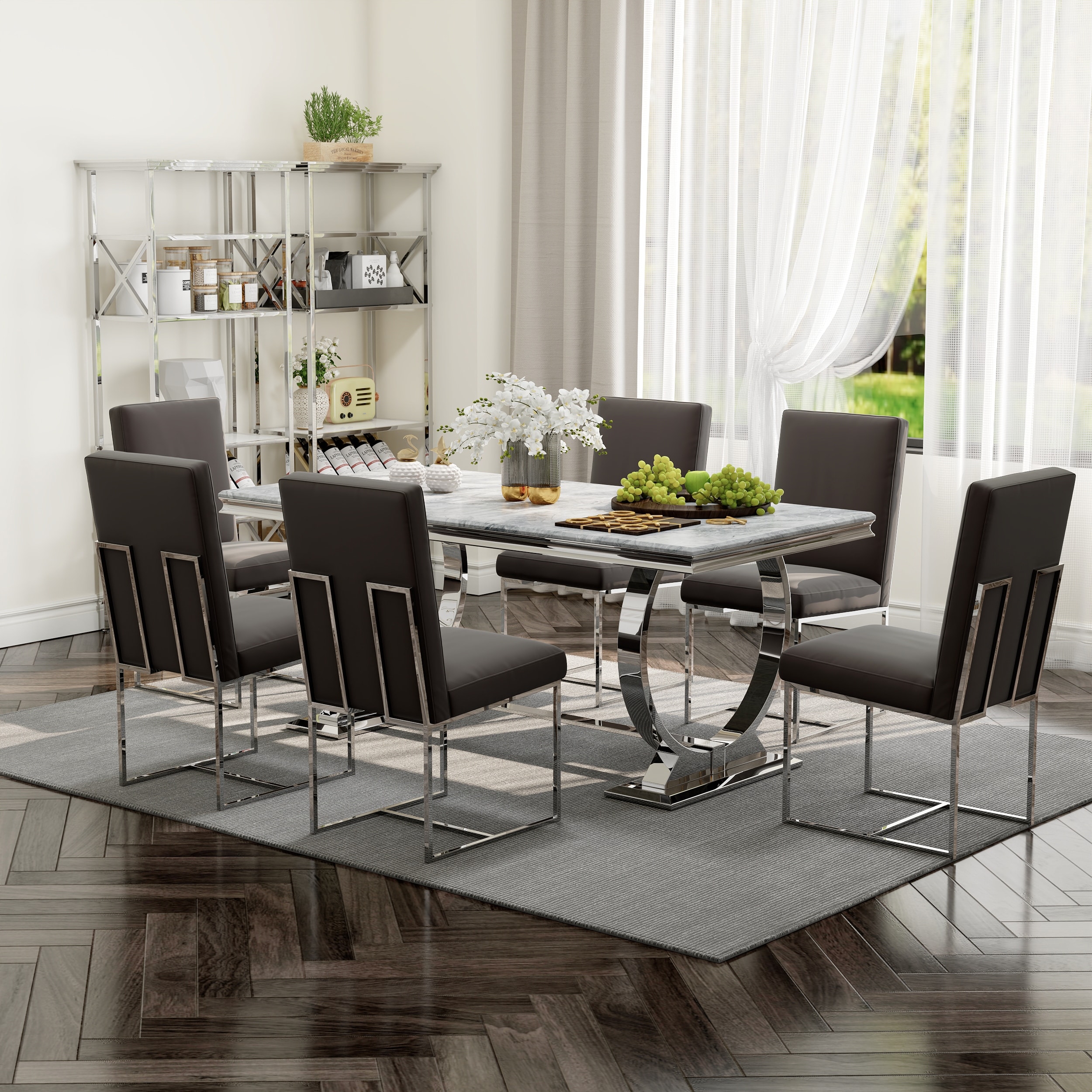 White and Gold Dining Room Table Set with 72 inch Table and White PU Leather Dining Chairs