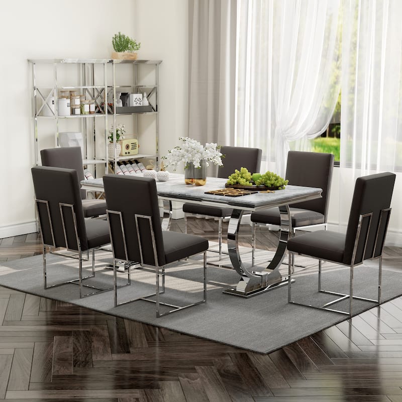 White and Gold Dining Room Table Set with 72 inch Table and White PU Leather Dining Chairs - Table with 6 Chairs - Grey