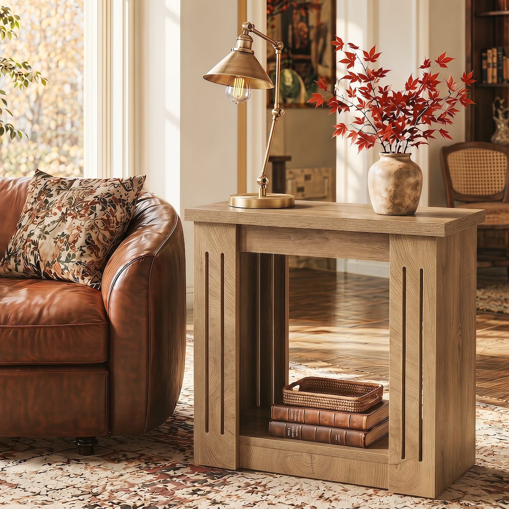 2-Tier Side Table, Farmhouse End Table with Storage