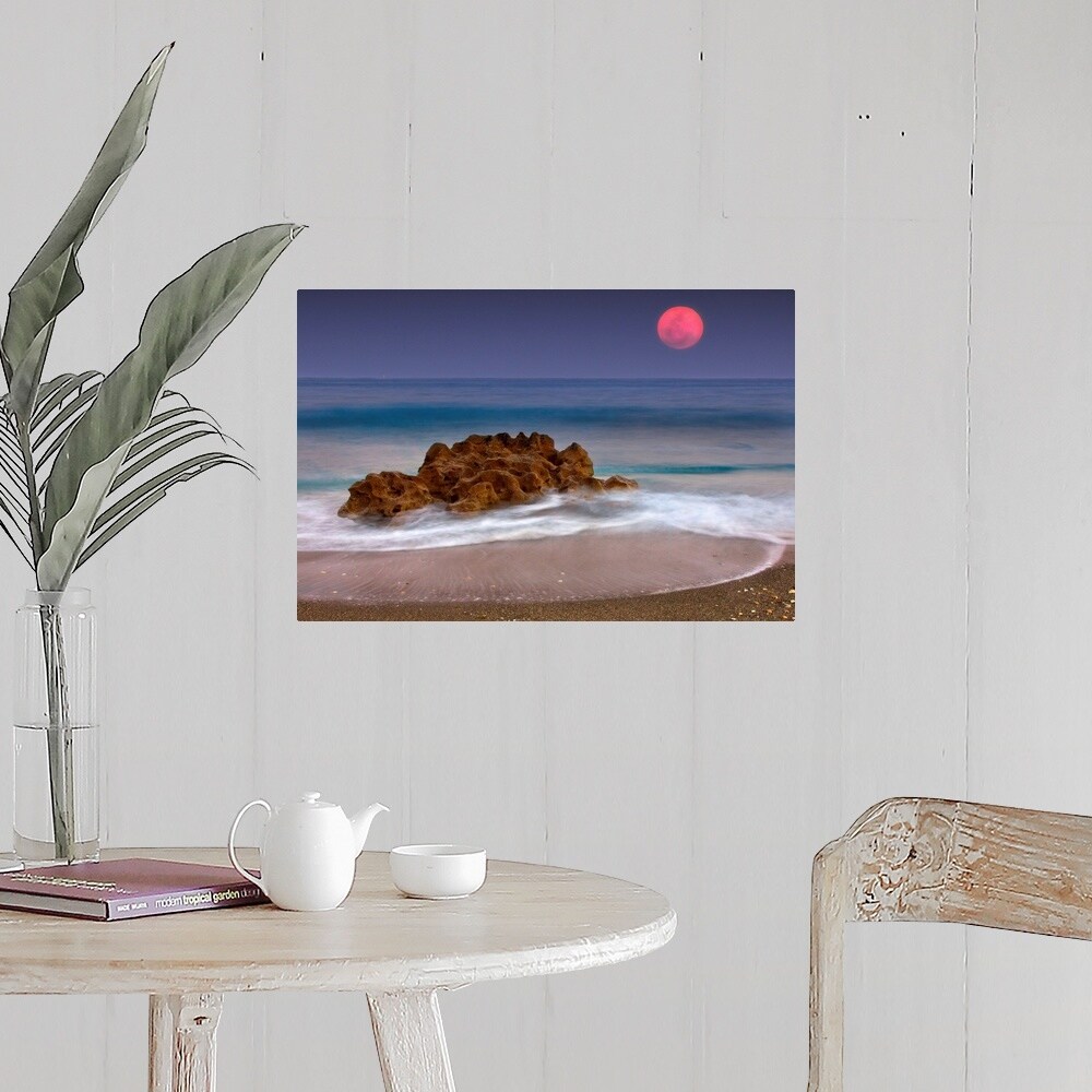 Shop Full Moon Over Ocean And Rocks Florida Poster Print Overstock
