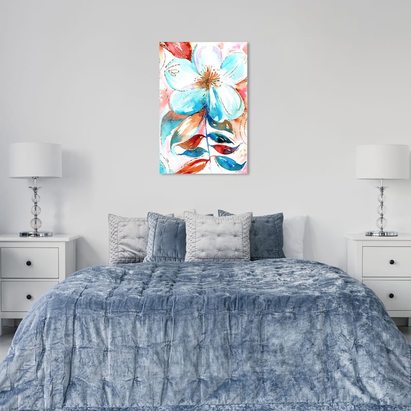 Wynwood Studio Canvas Floral and Botanical Amaretto Teal Flower Blue and Dark Orange Modern & Contemporary Wall Art Canvas Print - 36 x 24