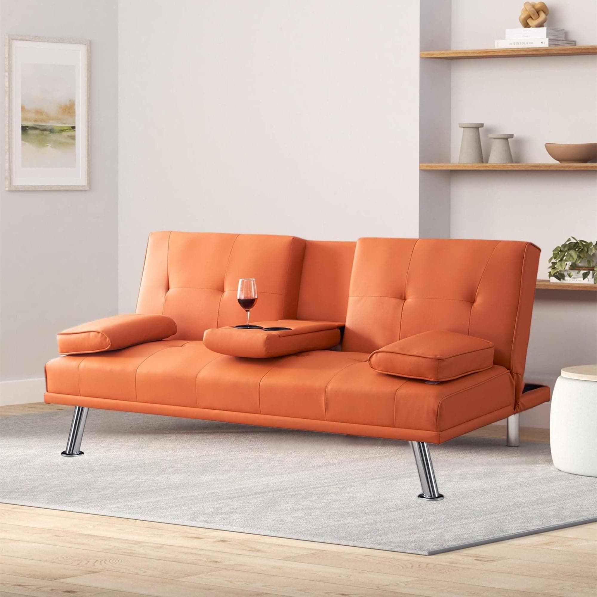 Orange Faux Leather Convertible Futon Sofa Bed with Cup Holders, Twin Size 67-inch Sleeper for Small Spaces