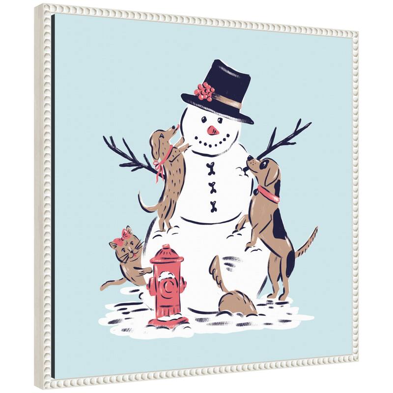 Kate and Laurel Sylvie Beaded Snowman Dogs Cat Framed Canvas by Krissy Mast - White