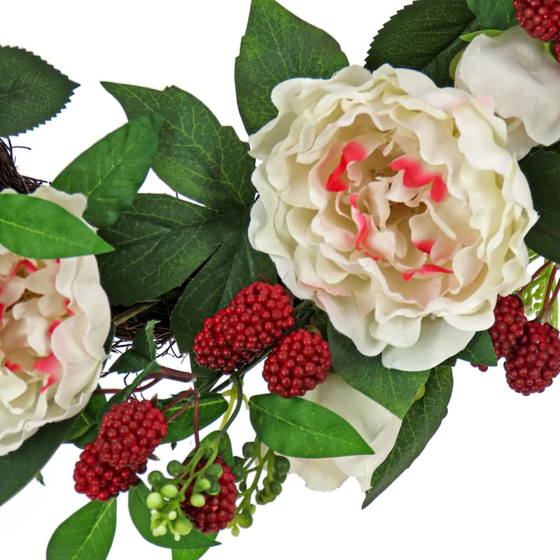 National Tree Company 22 inch Artificial Spring Wreath with Peony Flowers, Raspberries, and Leafy Greens, Realistic Floral Decor