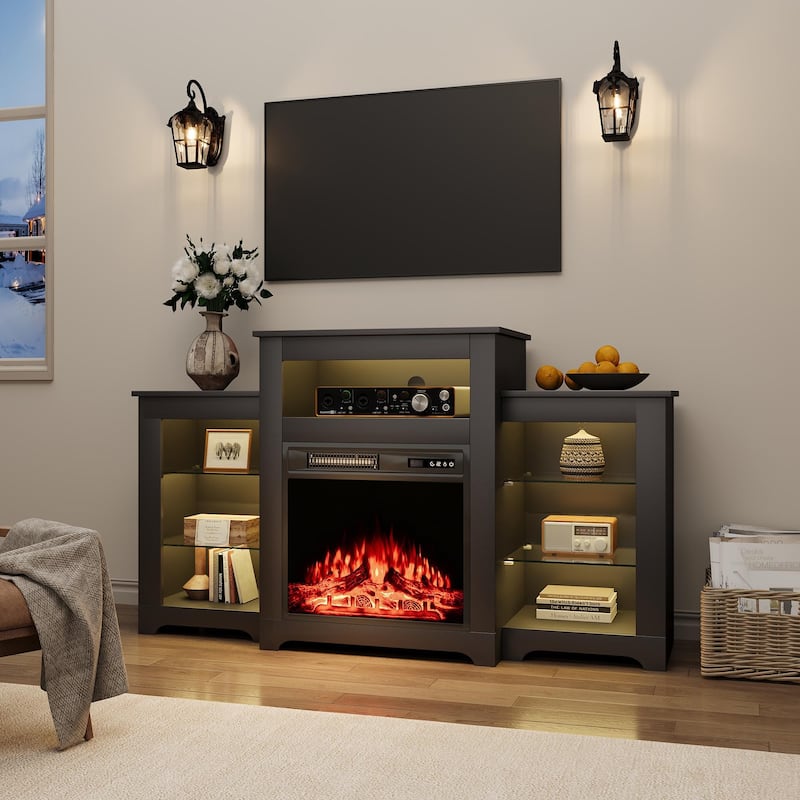 32" H Fireplace TV Stand, 55/70 Inch Media Console for TVs up to 80", Remote, Storage & LED Lights