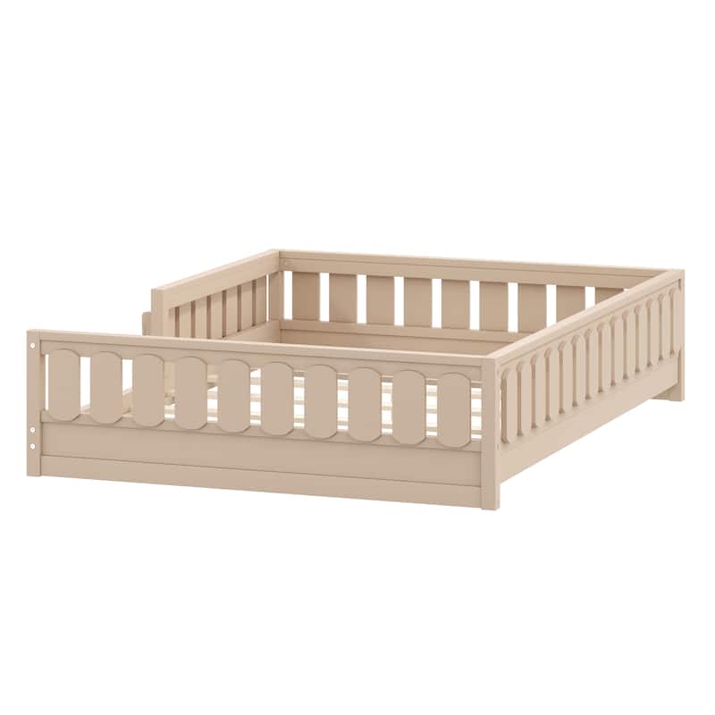 Kid Wood Platform Storage Bed Montessori Toddler Floor Bed Children Daybed with Guardrail and Side Creativity Storage Shelves