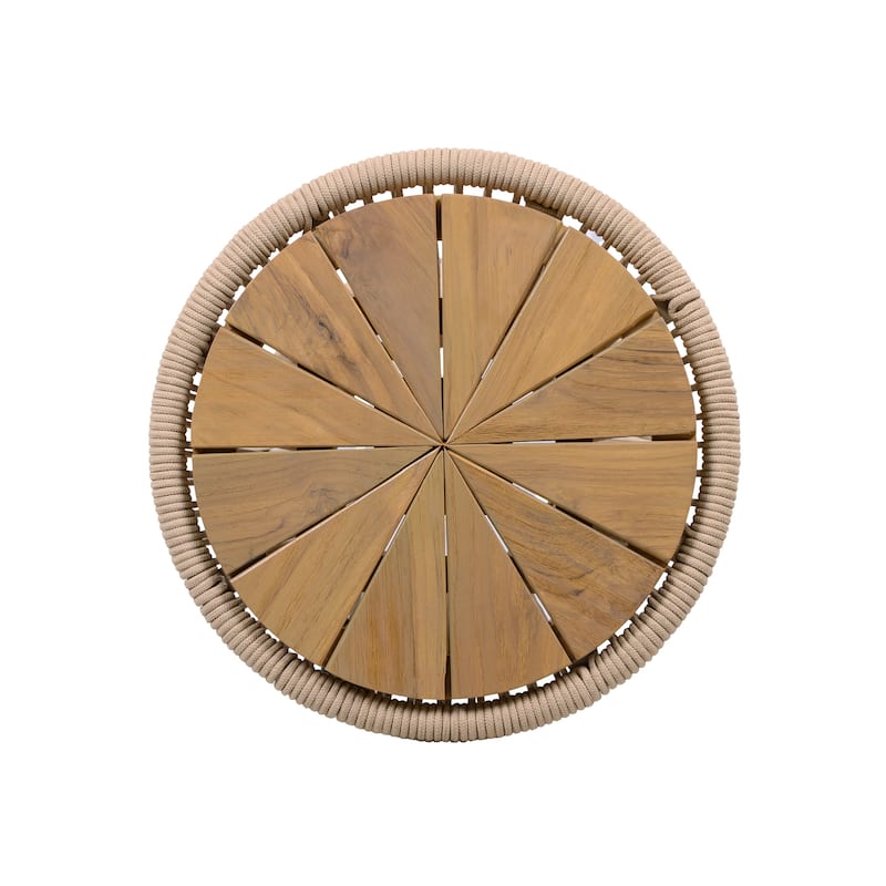 Roomfitters 25.8" Outdoor Side Table Modern Woven Rope Hourglass Patio Accent Table with Teak Wood Finish Top