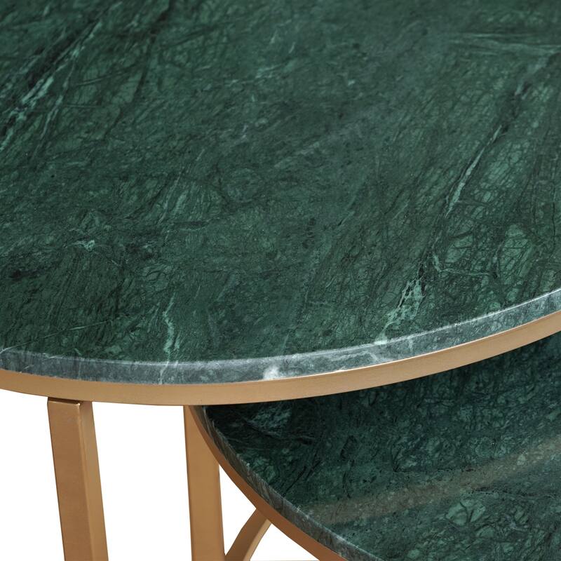 Walker Green Marble and Gold Round Nesting Coffee Table, 32"W x 32"D x 19"H by Sevita - 32"W x 32"D x 19"H