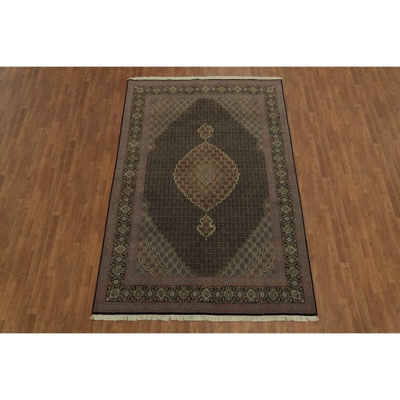 Hand Knotted Oriental 100% Wool Carpet Traditional Geometric Black Tabriz-Mahi Area Rug - 10' 2'' X 6' 7''