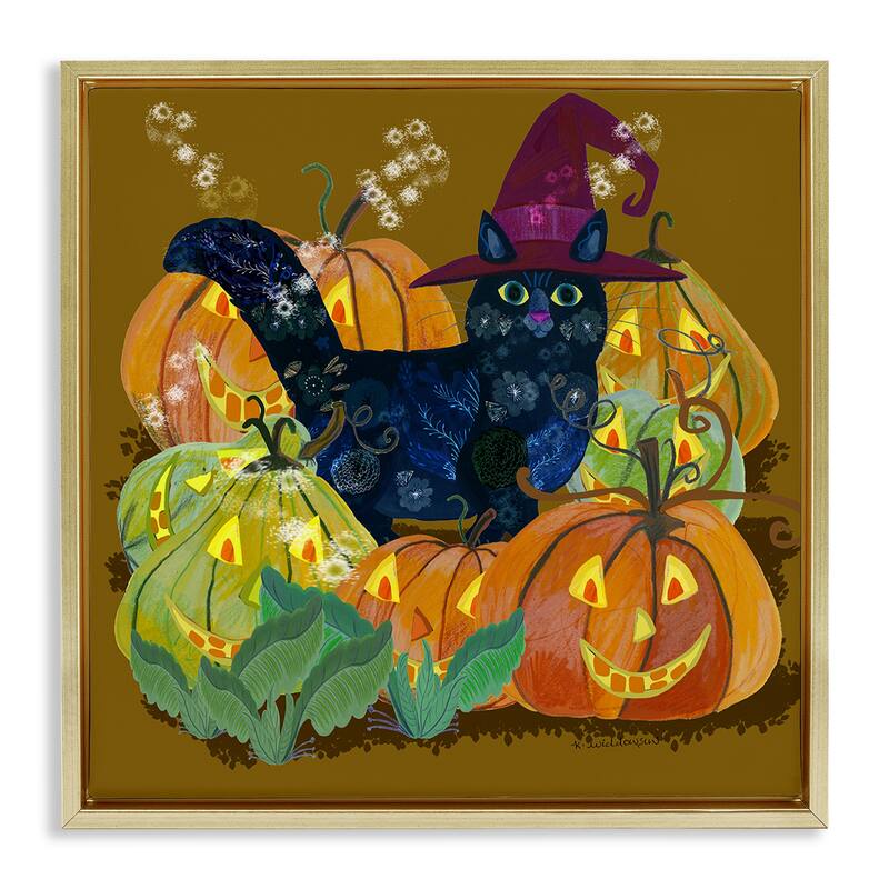 Stupell Cat with Jack-o-Lanterns Framed Floater Canvas Wall Art Design By Kay Widdowson - 25 x 25 - Gold