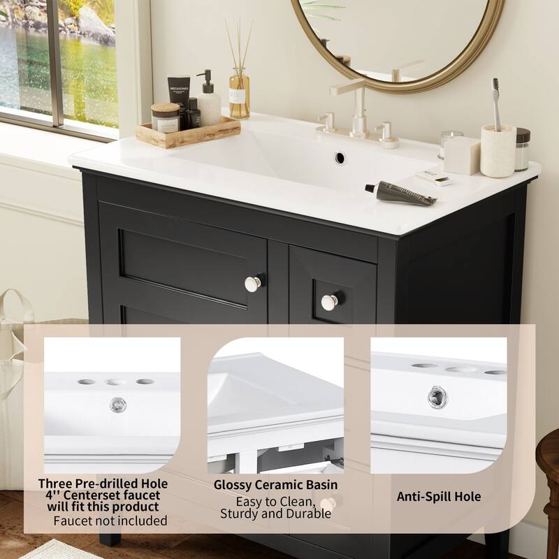 Modern 30 Inch Bathroom Vanity with Porcelain Countertop, 3 Drawers, Solid Wood and MDF Storage Cabinet