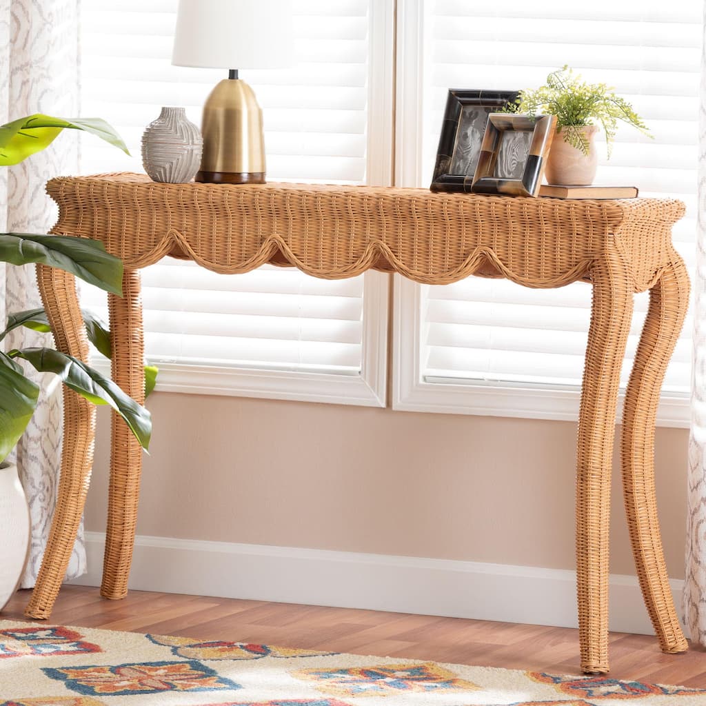 Deborah Natural Rattan Console Table - Handwoven Wicker Accent Table with Cabriole Legs, Scalloped Coastal Cottage Complement