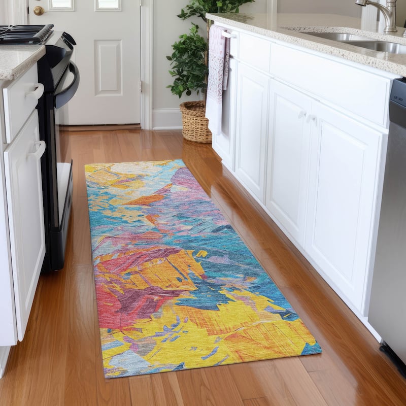 Premium Washable Super Soft Modern Brushstrokes Mayfield Rug - Blue - 2'3" x 7'6"