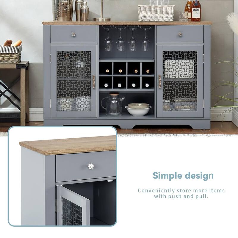 56''W Farmhouse Sideboard Buffet Bar Cabinet Modern Storage Cabinet with 2 Drawers & Glass Door - 56.46"W