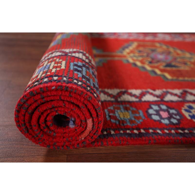 Red Geometric Anatolian Turkish Runner Rug Handmade Silk Carpet - 2'9"x 12'11"