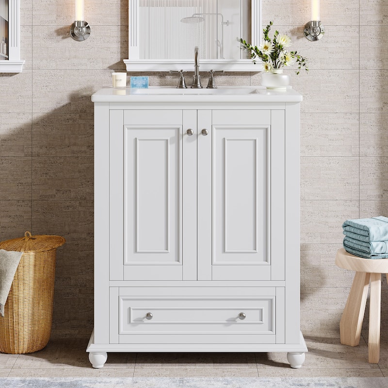 24 Inches Solid Wood Modern Bathroom Vanity with Ceramic Sink, Adjustable Shelf Storage - White