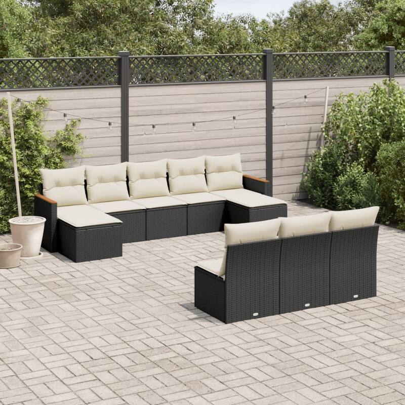vidaXL Patio Sofa Set with Cushions Outdoor Conversation Furniture Poly Rattan - 21.7 x 21.7 x 14.6 in - Black and cream without table