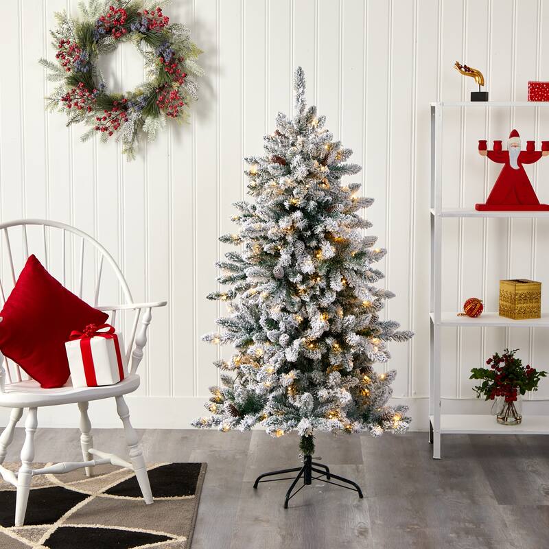 5’ Flocked Livingston Fir Artificial Christmas Tree, Warm Clear LED - 5 Foot