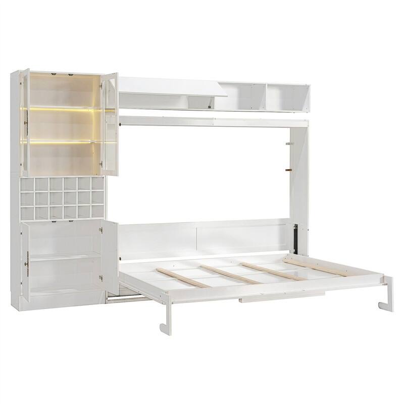 Full/Queen Size Murphy Wall Bed with Sofa, Light and USB Ports, Space Saving Foldable Murphy Cabinet Bed w/ Wine Rack & Shelves