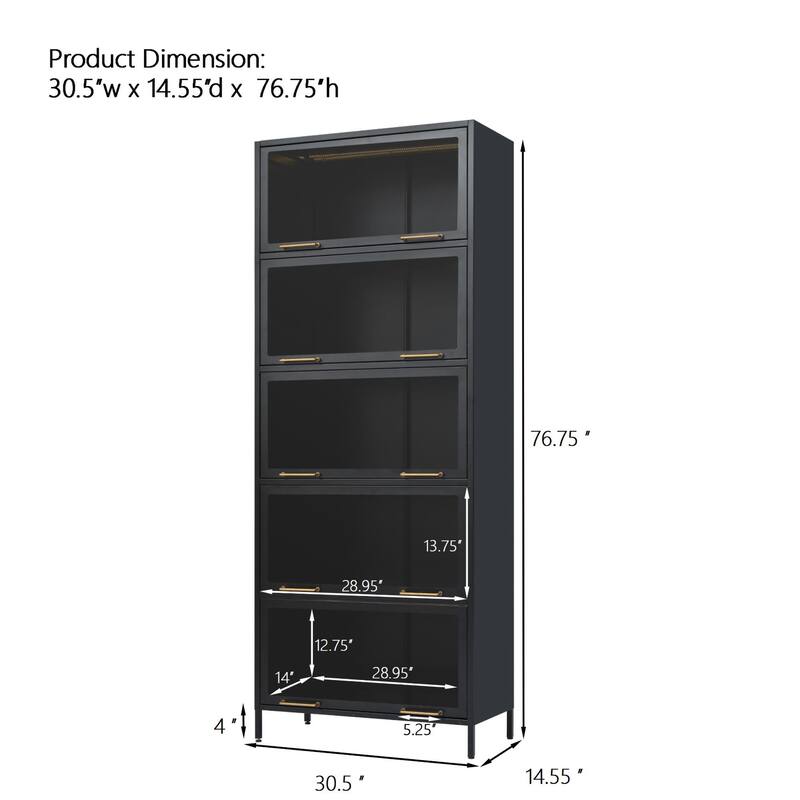 76.75"Iron Display Cabinet with Glass Doors,5-Tier Steel Barister Bookcase with LED Lights,Modern Curio Cabinet for Living Room