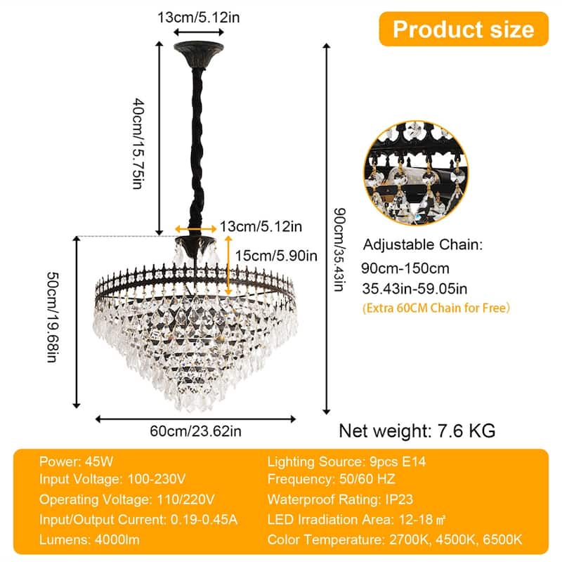 30/60CM Round Crystal Light Fixture with 3 Color Black Gold Crown Design Chandelier for Entryway, Living Room, Bedroom