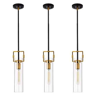 Black and Antique Gold 1-Light Mini Pendant with Clear Cylindrical Glass Shade