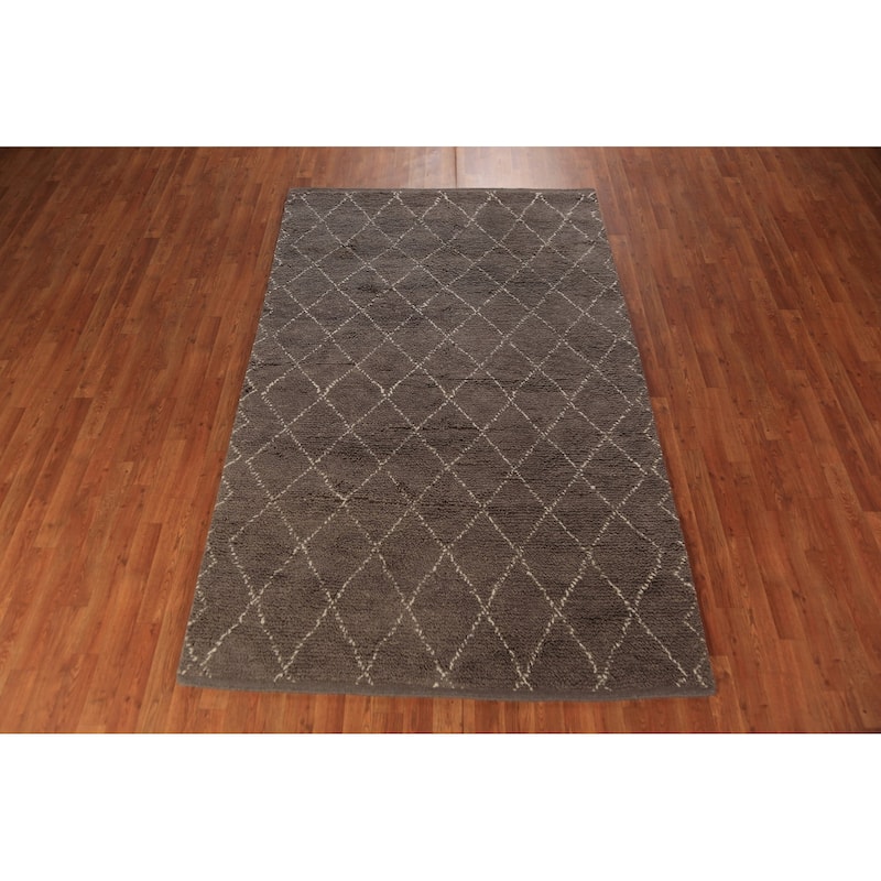 All-Over Brown Trellis Moroccan Indian Rug Hand-Knotted Wool Carpet - 5'1" x 8'2"