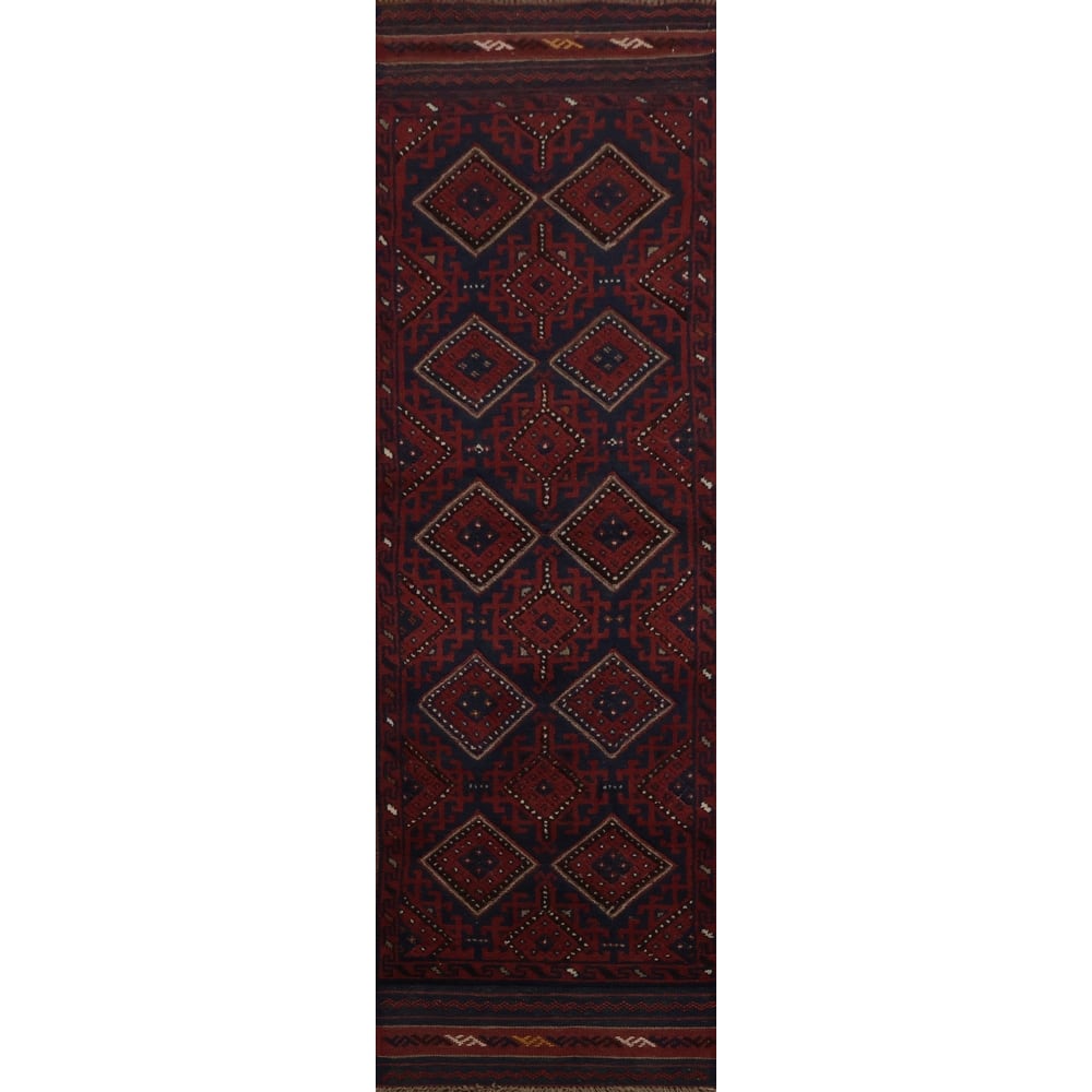 Hand Knotted Oriental 100% Wool Carpet Traditional Tribal Navy Blue & Blues Balouch Runner Rug - 8' 3'' X 2' 1''