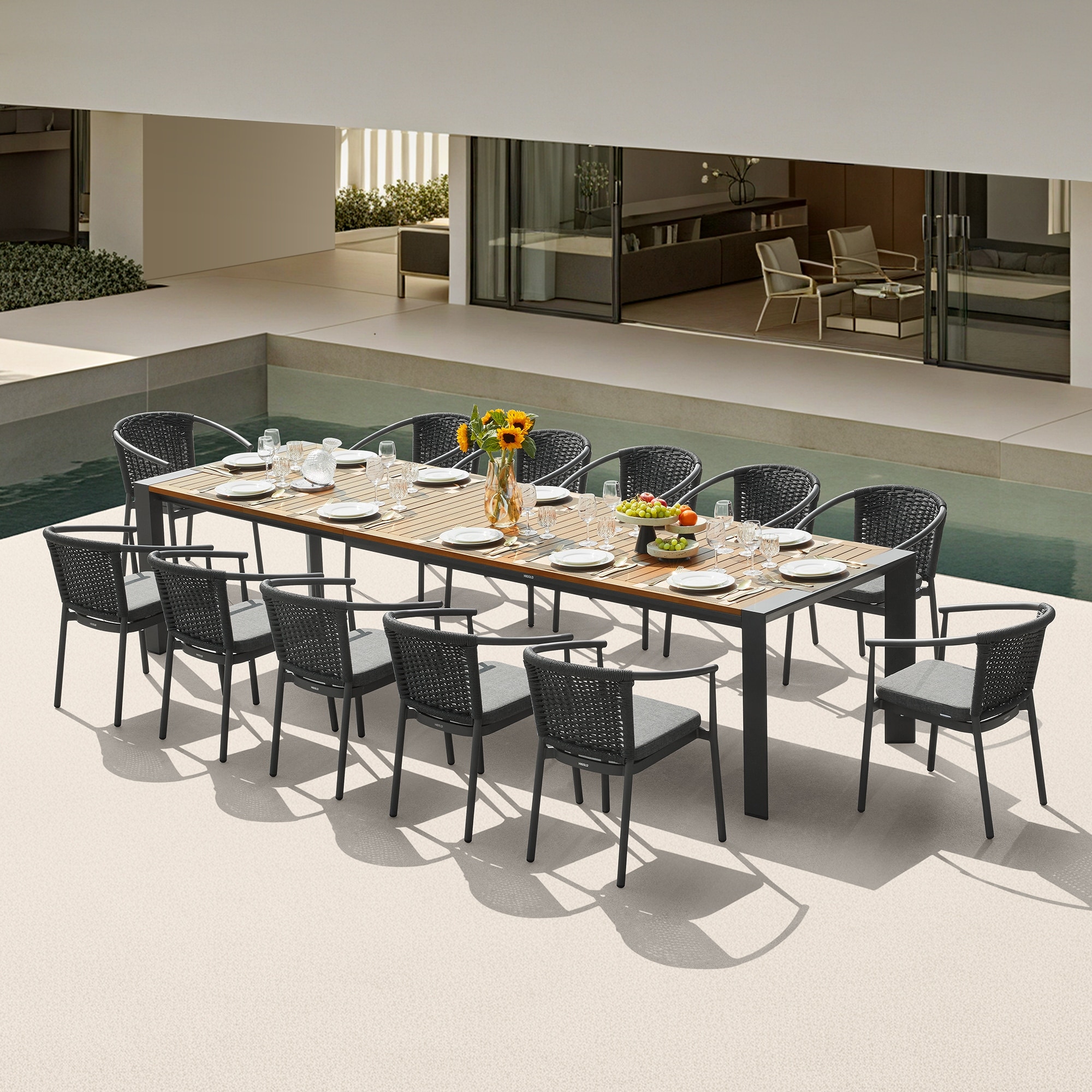 HIGOLD - LUMEN 13-Piece Patio Dining Set for 12, Extendable Dining Table and 12 Armchairs with Cushions