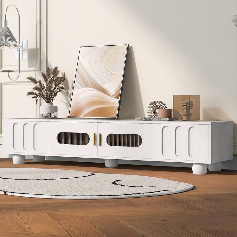 Wood Entertainment Center,Storage TV Stand with Glass Door, 2 Drawers and Metal Handles