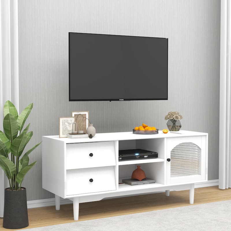 Living Room White TV Stand with Drawers and Open Shelves, A