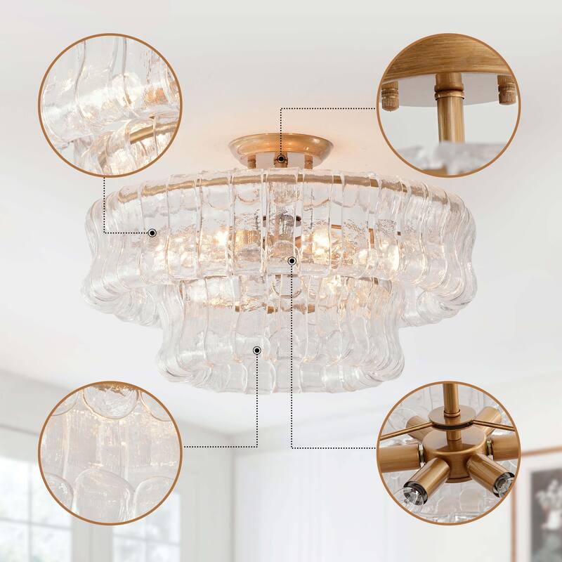 Jamie 5-Light 18" 2-Tier Clear Glass Round Flush Mount - Brushed Brass
