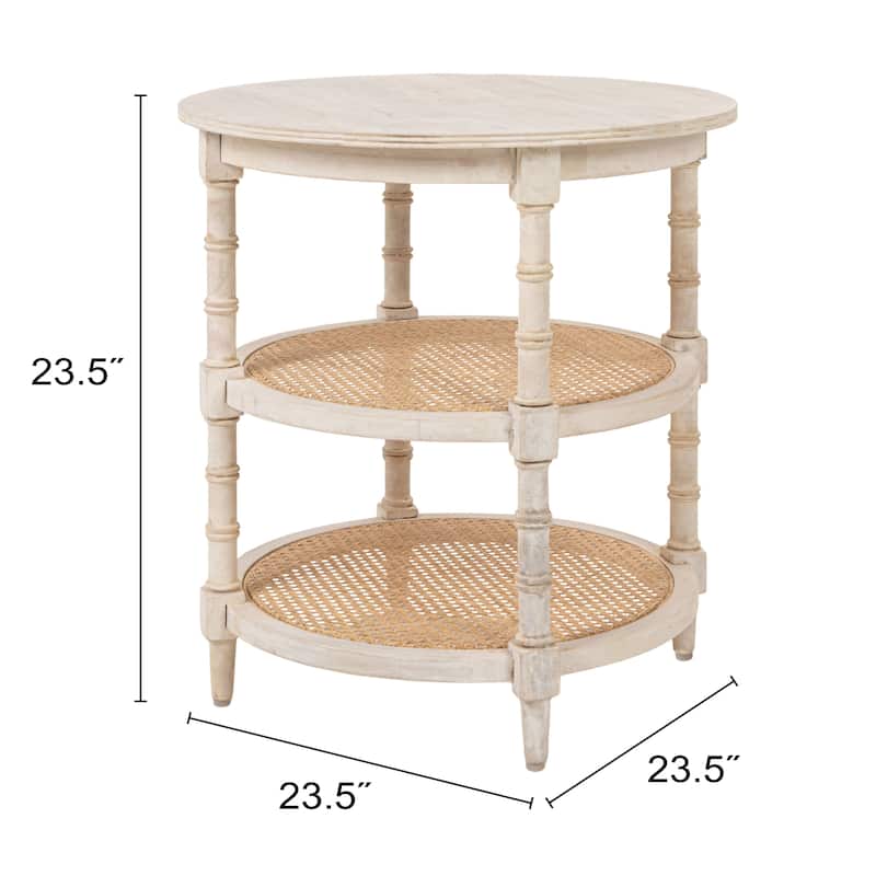 Round Mango Wood Table with 2 Cane Shelves
