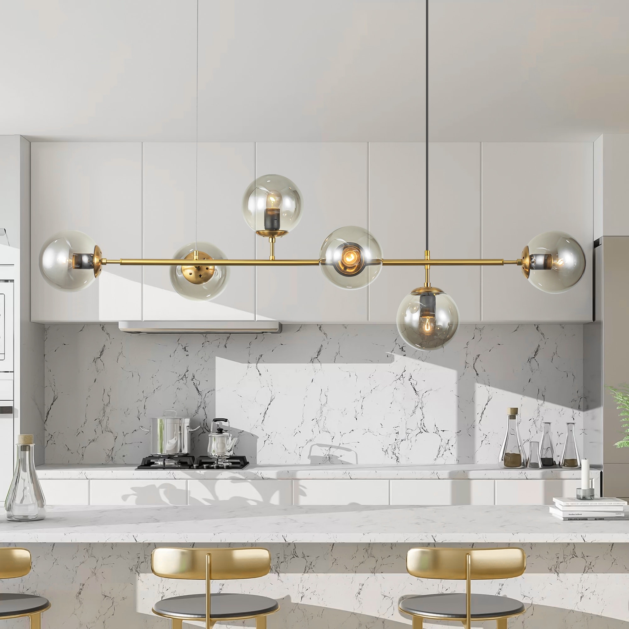 6 Light Modern Linear Sputnik Smoky Gray Clear Glass Globe Bubble Chandelier for Dining Room 47.2 in. W x 17.7 in. H Gold