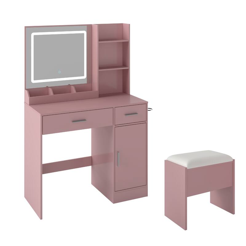 2-Piece Vanity Set with Upholstered Stool, Makeup Vanity Desk with LED Light Mirror and Charging Station