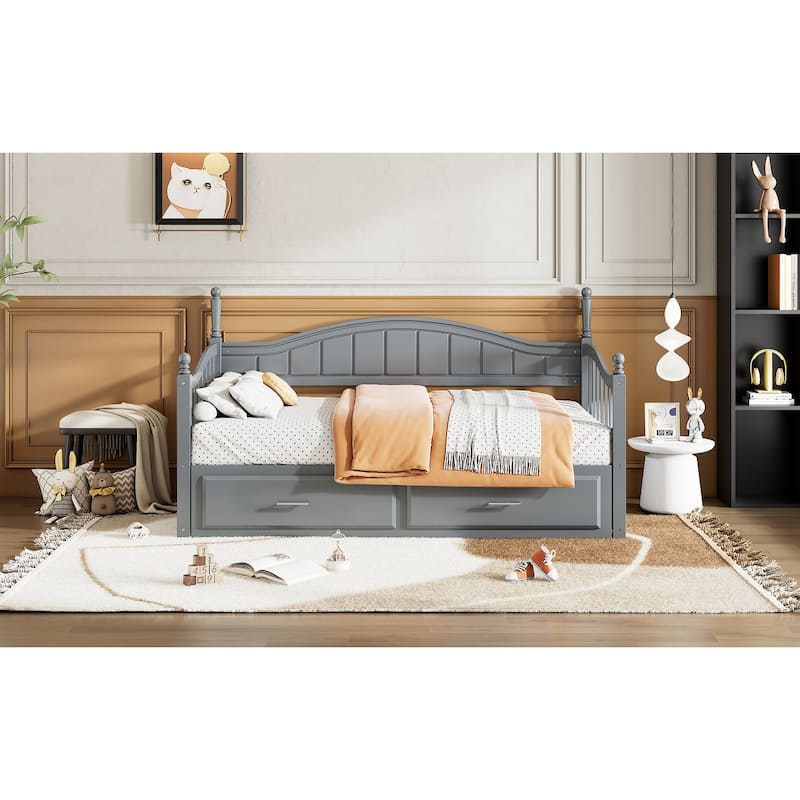 Twin Size Wooden Daybed with Two Storage Drawers and Trundle for Bedroom