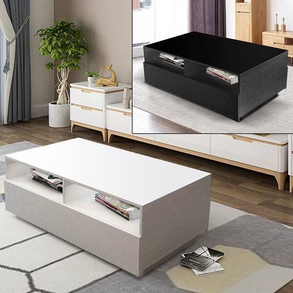 High Gloss Side Table Nightstand W/LED Lights 4 Storage Drawers Bed