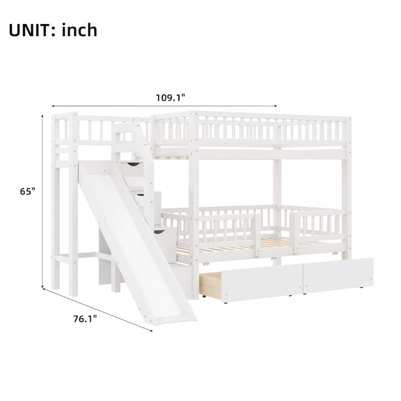 Twin Over Twin Bunk Bed with Storage Staircase, Slide and 2 Drawers